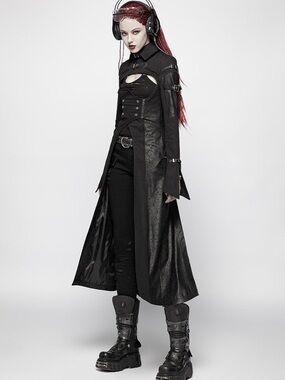 Punk Futuristic Long Trench Coat Gothic Black Corset Large NWOT